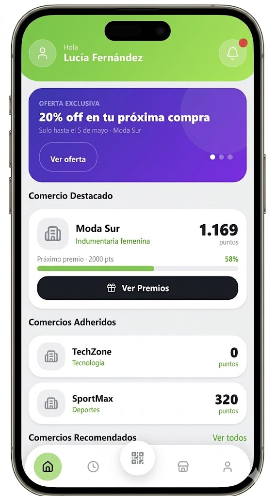 Pantalla de Lumex en modo cliente: puntos, promos y comercios adheridos